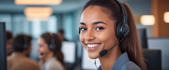 call center worker smiling while wearing a headset