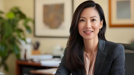 Obraz premium Confident Asian Business Woman Smiling in Office with Copy Space