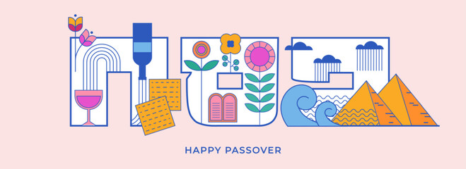 Happy Passover background, horizontal banner, card and poster design. Geometrical trendy line minimalist concept. vector illustration. Passover in hebrew