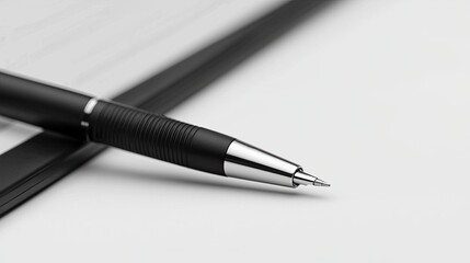 A sleek black pen rests on a clean, white notepad, emphasizing simplicity and elegance in writing tools.