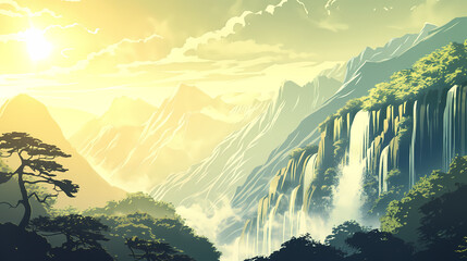 Golden Sunrise Over Majestic Waterfall Mountains, Fantasy Landscape

