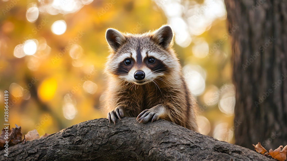 Poster adorable raccoon posing on a tree in bright autumn forest : generative ai