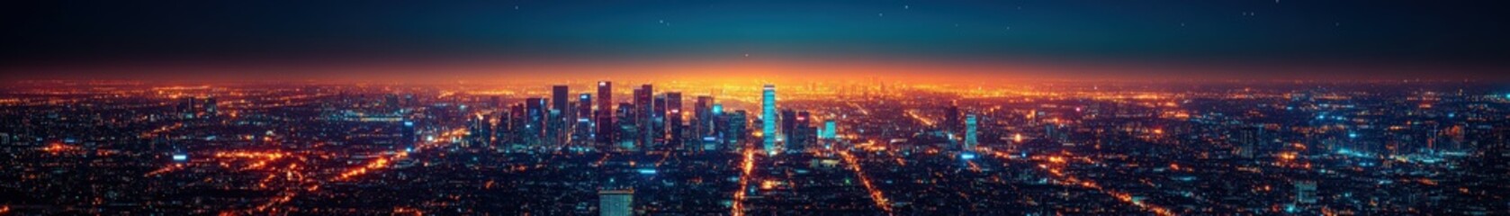 Obraz premium Stunning Night View of a Modern City Skyline Illuminated with Bright Lights at Dusk