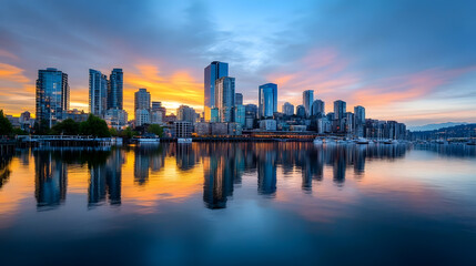 Naklejka premium Vibrant Cityscape Reflecting in Water During a Stunning Sunset : Generative AI