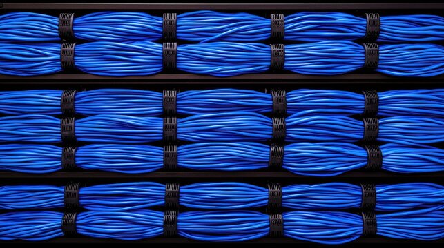 A close-up view of neatly arranged blue cables, showcasing their vibrant color and organized structure.
