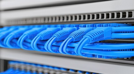 A close-up view of blue Ethernet cables neatly arranged in a server rack, showcasing a modern networking setup.