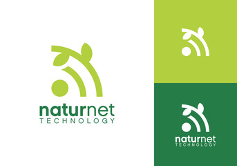 Fototapeta premium leaf and signal logo. nature network technology logo vector design