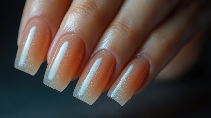 Neutral gel polish manicure on square nails An elegant hand close-up Beautiful square nails with trendy neutral gel polish colors create a sophisticated and timeless look