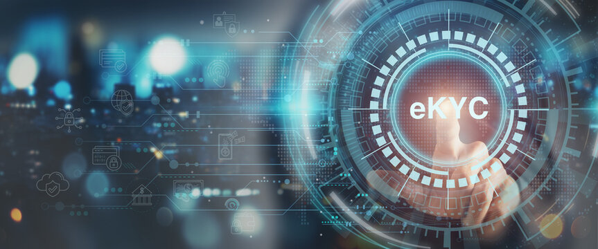 eKYC digital identity verification and security concept. Interacting with a futuristic digital interface the eKYC (electronic Know Your Customer) process. Biometric authentication and  data security. - Powered by Adobe