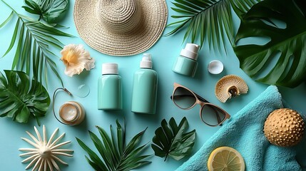 No label SPF bottles, a sunhat, sunglasses, a blanket, and beach accessories on pastel blue emphasize sun protection.