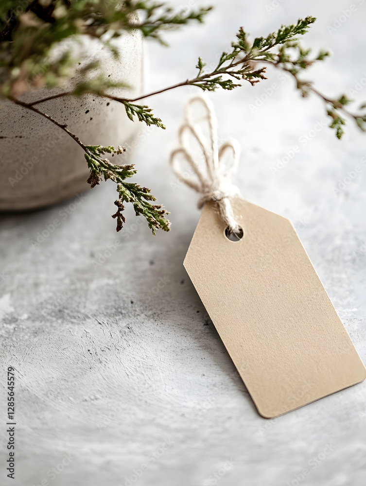 Poster Rustic Craft Paper Tag with Jute Twine on Minimalistic Gray Background for Elegant Gift Wrapping and Decor Ideas : Generative AI