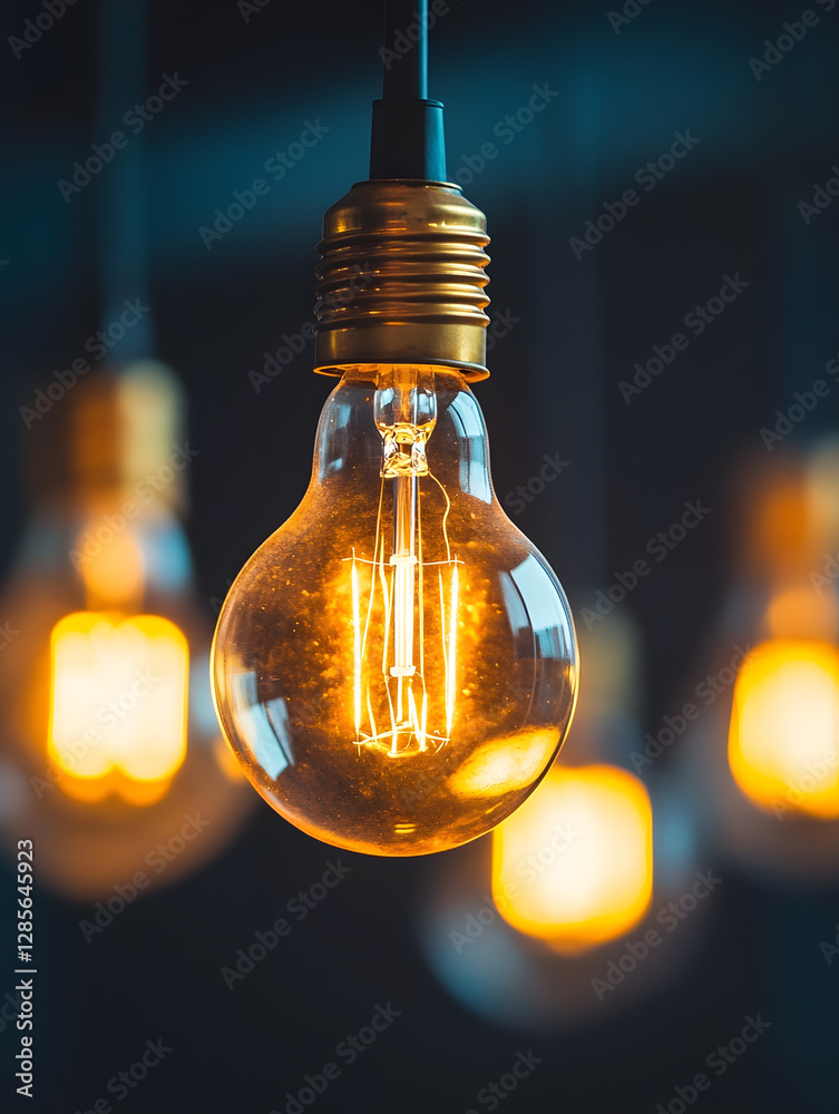 Poster warm glowing vintage style light bulb with filament and soft focus background : generative ai