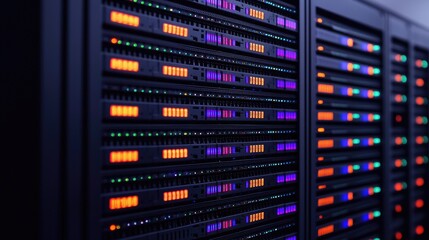 Fototapeta premium A close-up view of a server rack featuring illuminated indicators, showcasing a modern data center's technology and infrastructure.