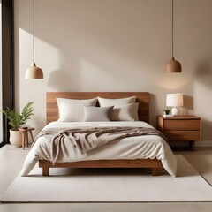 A modern and minimalist bedroom with a wooden bed frame, neutral-colored bedding, and a wooden nightstand