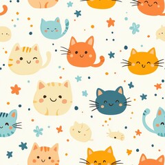 A fun and playful pattern featuring adorable cats in various poses and expressions that captures the charm of these beloved feline friends