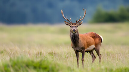Majestic red deer stag standing tall in the lush green meadow with serene forest backdrop : Generative AI
