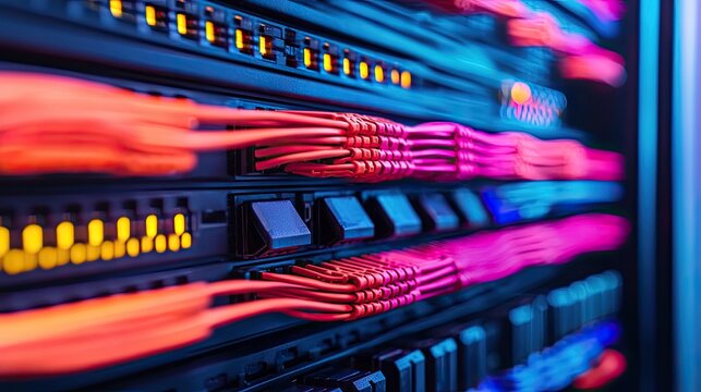 A close-up view of colorful network cables connected to a server rack, highlighting data transmission and modern technology.