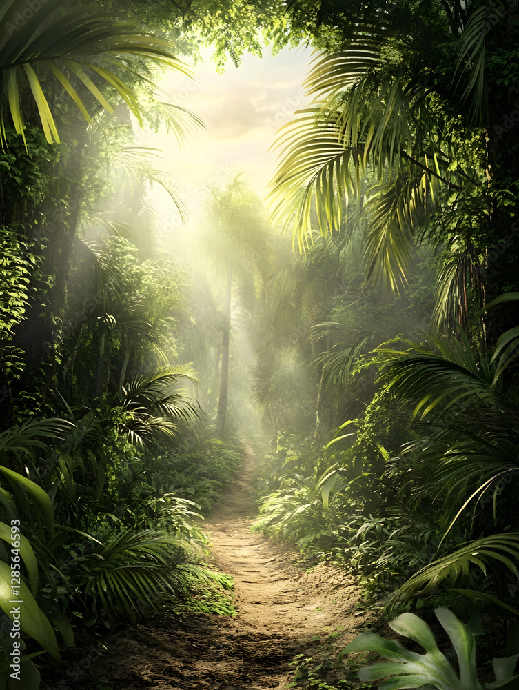 Poster tropical jungle pathway with lush greenery and sunlight filtering through : generative ai