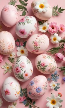 Easter eggs hand-painted with floral motifs on light pink background, painted, background, hand-painted
