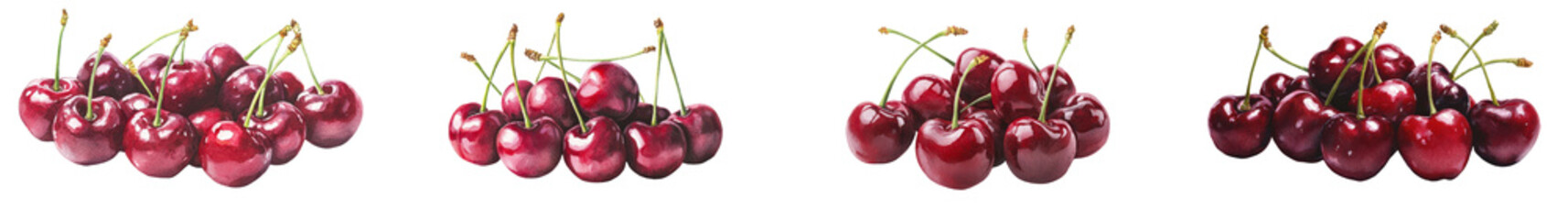 Closeup of ripe fresh and juicy red cherries in several bunches or clusters arranged on a plain white background  The cherries have shiny glossy skin and full plump shapes