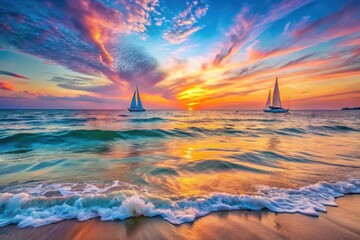 Naklejka premium Serene Sunset Sailboats on a Tranquil Ocean Shore with Gentle Waves