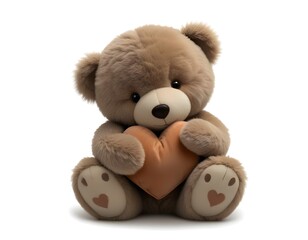 Obraz premium A teddy bear holding a heart-shaped pillow, sitting on a white background