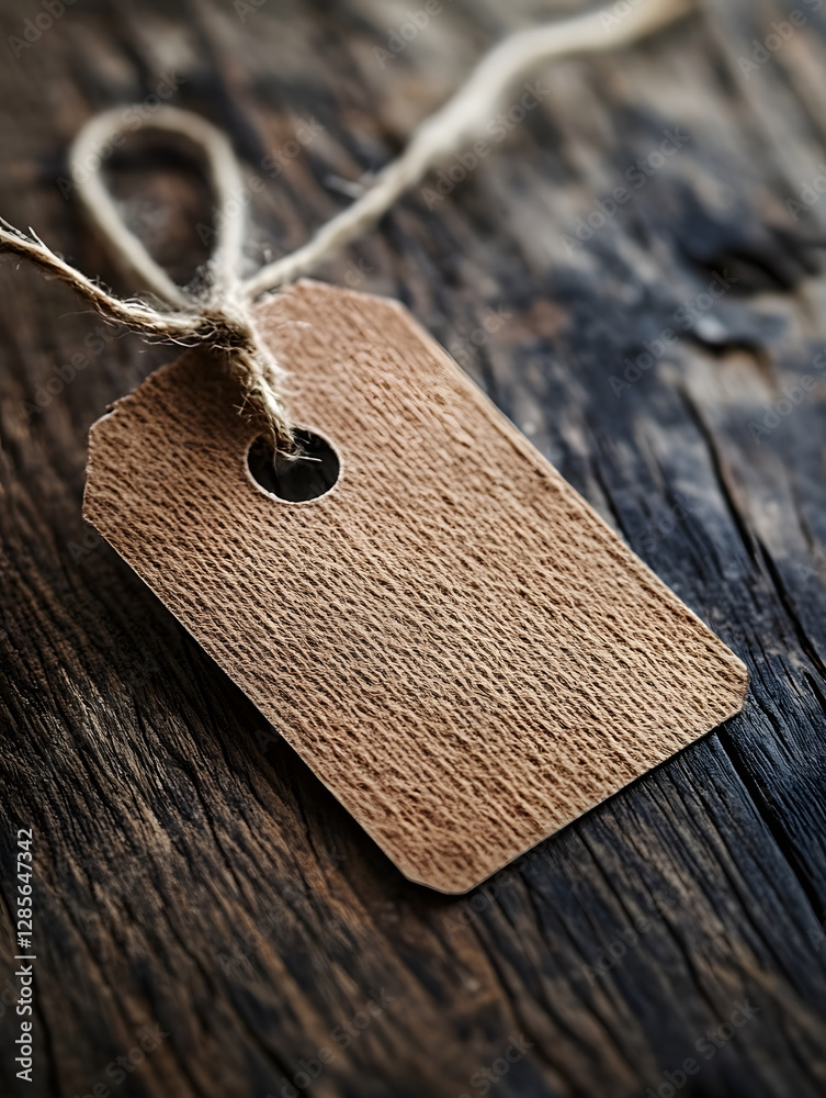 Aufkleber Rustic Brown Paper Tag with Twine on Weathered Wooden Surface for Branding Design : Generative AI