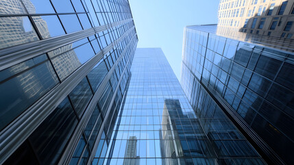 Skyward view of glass skyscrapers reflecting clear blue sky in urban business district : Generative AI