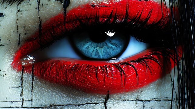 Closeup Woman's Eye, Red Lips, Distressed Skin