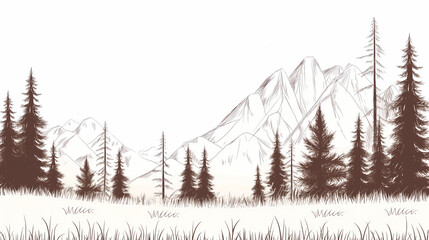 Minimalist Mountain Forest Silhouette in Sepia Tones, Serene Nature Landscape

