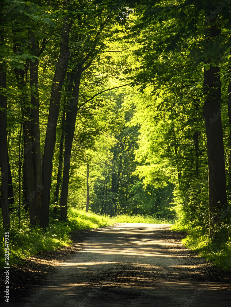 Aufkleber sunlit forest pathway surrounded by lush green trees and foliage : generative ai