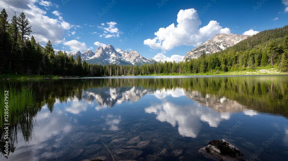 Poster tranquil lake with mountains and lush forest reflecting in calm clear water : generative ai