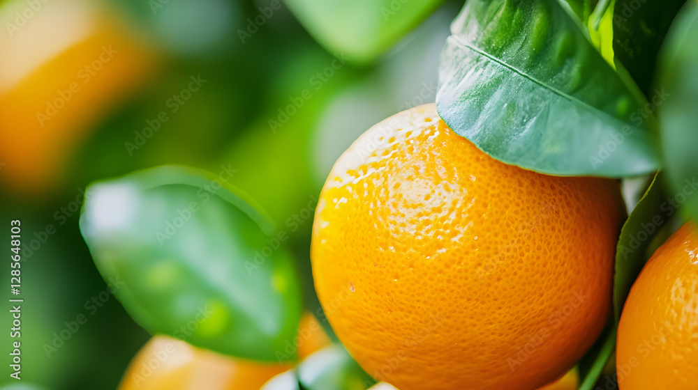 Poster vivid close up of fresh ripe oranges on a lush green tree : generative ai