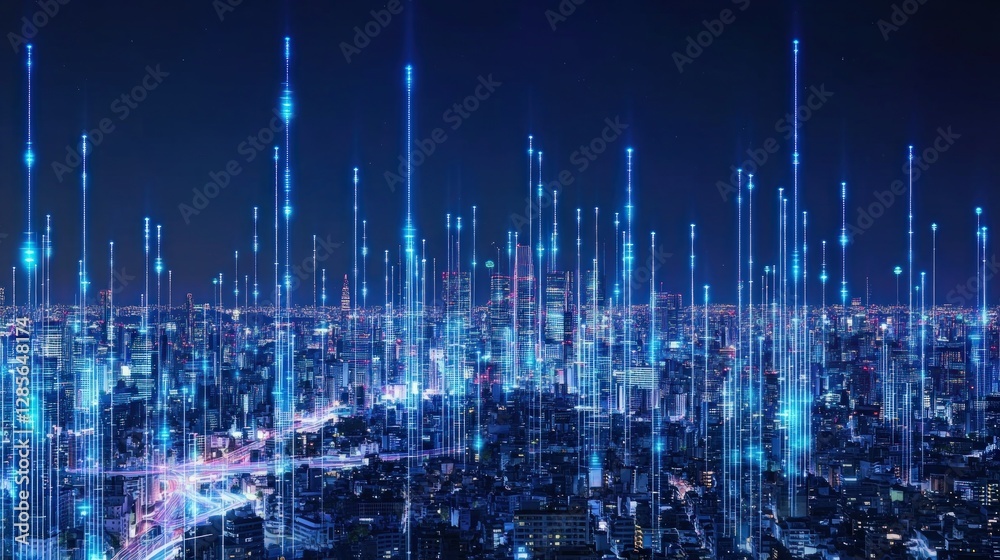Poster futuristic smart city night skyline digital data streams network technology