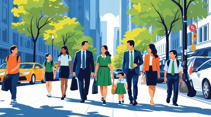 Urban Commuters Walking on a Sunny Day