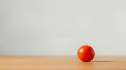A single, bright red tomato rests gracefully on a wooden table against a plain background.