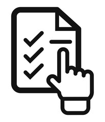 icon of a checklist document with a pointing hand symbolizing selection approval or online form submission.