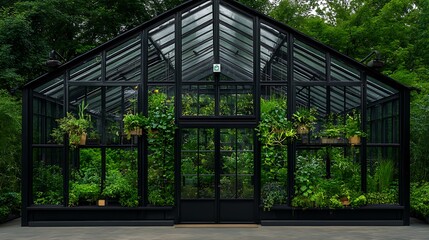 Fototapeta premium Lush Greenery Thriving in a Dark-Framed Greenhouse AI Generated
