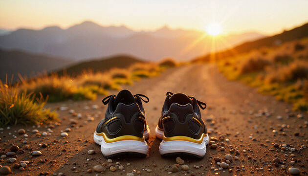 Sneakers facing sunset on a gravel path