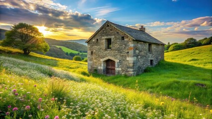 Stone structure nestled in vibrant wildflowers, bathed in the golden light of sunset, overlooking a verdant landscape
