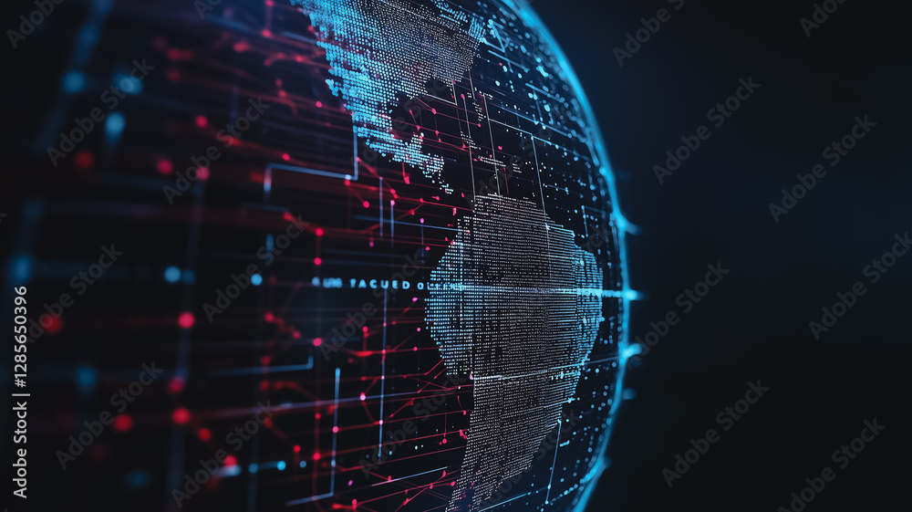 Poster digital world: an abstract visualization of the globe, transformed into a network of intricate digit