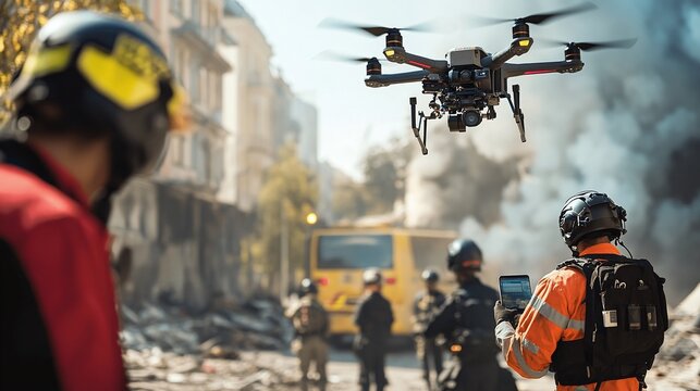 a diverse team of emergency responders coordinating a rescue operation using advanced technology and drones during a natural disaster