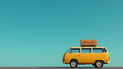 Fototapeta premium Road Trip Ready: A vintage yellow van, adorned with a suitcase on its roof, embarks on a journey against a serene blue backdrop. A timeless symbol of wanderlust and exploration.