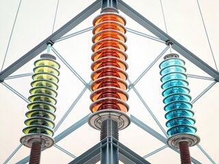 A vibrant arrangement of insulators in various colors, showcasing their role in electrical transmission and safety.