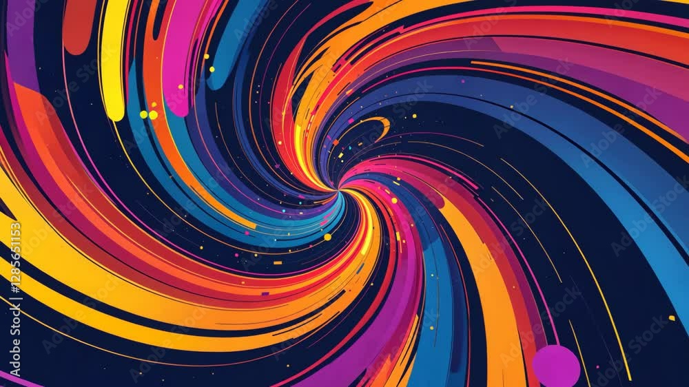Poster A colorful spiral with a blue background. The spiral is made up of many different colors. There are also many small dots scattered throughout the spiral