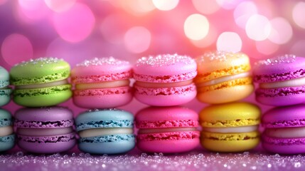 Obraz premium Colorful Macarons with Sparkling Sugar on a Soft Bokeh Background