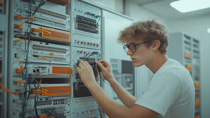 Young Engineer at Server Rack: A focused young man, dressed casually, meticulously inspects and adjusts the intricate network of wires and connections within a server rack.