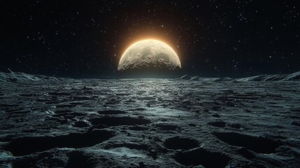 Stunning View of the Moon From the Lunar Surface With Starry Sky. Generative AI