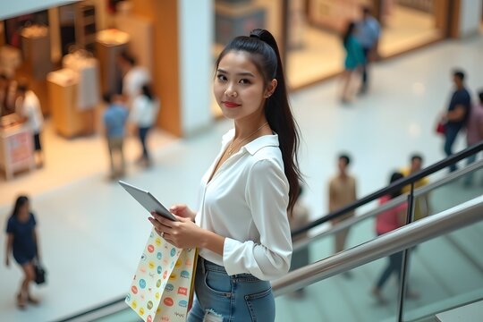 Asian woman using tablet and holding shopping bag while standing on stairs, mall background