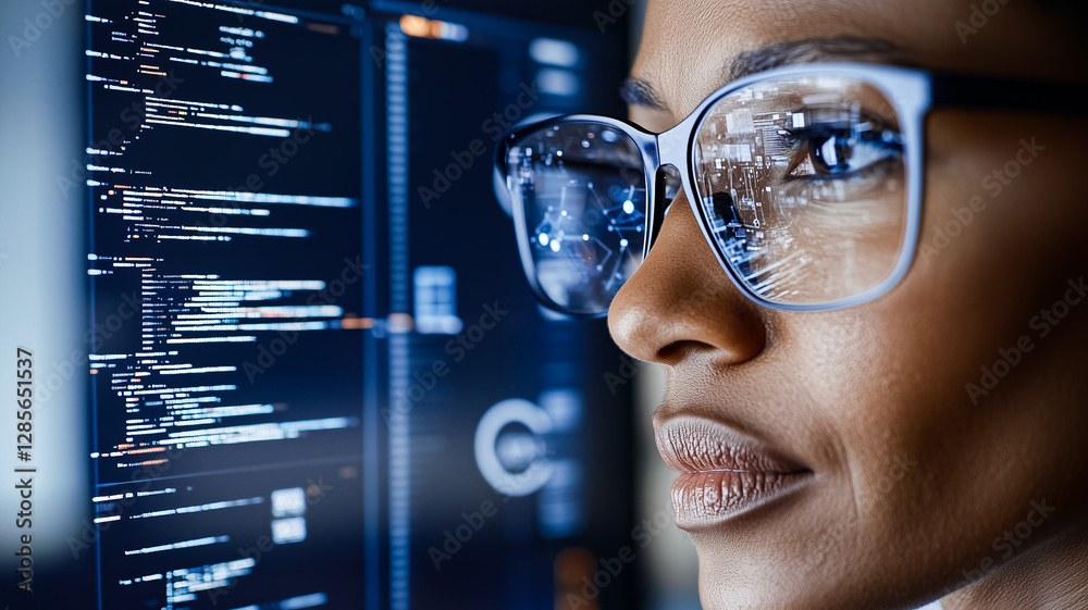 Poster code's reflection: a focused, intelligent individual, glasses reflecting the digital glow of a compu